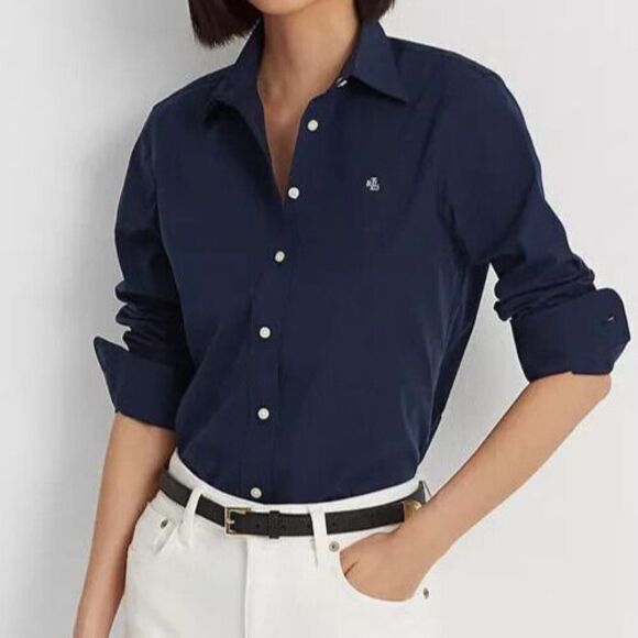 Lauren Ralph Lauren Women's Sz XS Navy Non-Iron Straight-Fit L/S Shirt - Picture 10 of 11